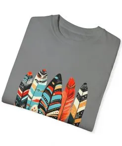 Colorful feather t-shirt with bohemian feather print, artistic tribal feather design tee, unisex boho chic feather graphic t-shirt on white fabric.