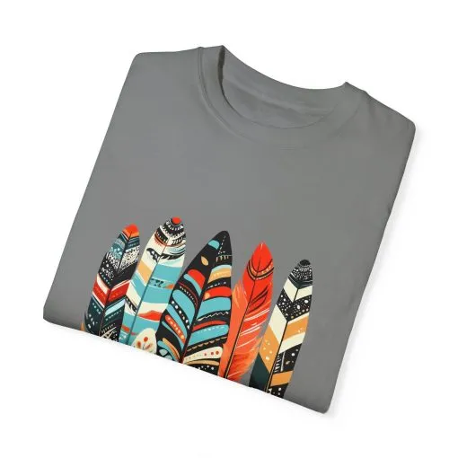 Colorful feather t-shirt with bohemian feather print, artistic tribal feather design tee, unisex boho chic feather graphic t-shirt on white fabric.