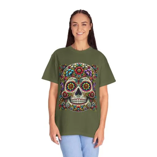 Colorful Floral Skull T-Shirt | Day of the Dead Style | Unisex Garment-Dyed Tee - Image 12