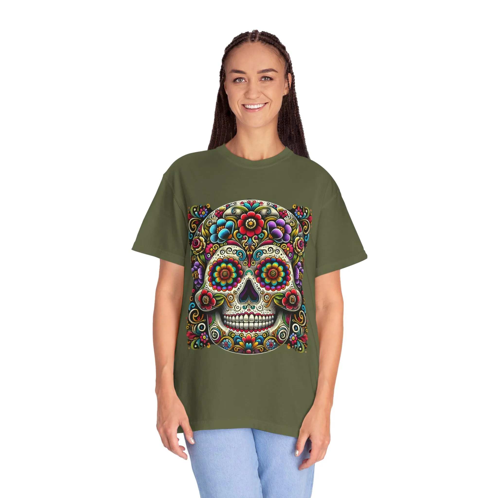 Colorful Floral Skull T-Shirt | Day of the Dead Style | Unisex Garment-Dyed Tee - Image 12