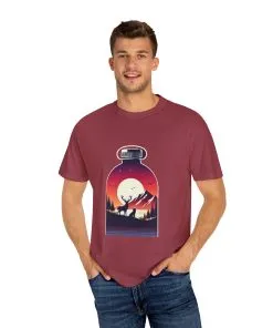 Adventure mountain t-shirt with deer and nature print, eco-friendly outdoor t-shirt, scenic wildlife graphic tee, unisex nature lover’s t-shirt.