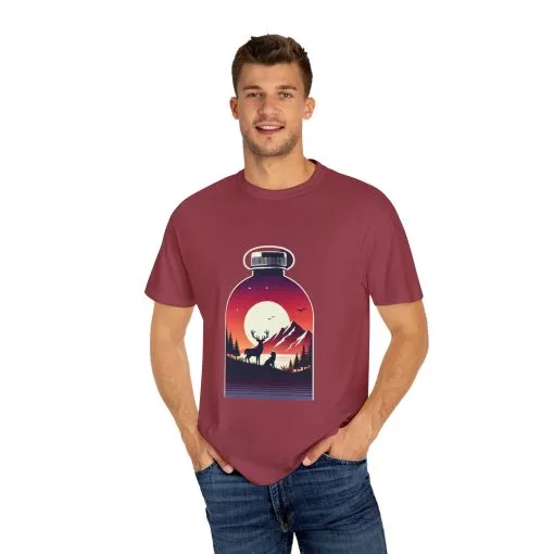 Adventure mountain t-shirt with deer and nature print, eco-friendly outdoor t-shirt, scenic wildlife graphic tee, unisex nature lover’s t-shirt.