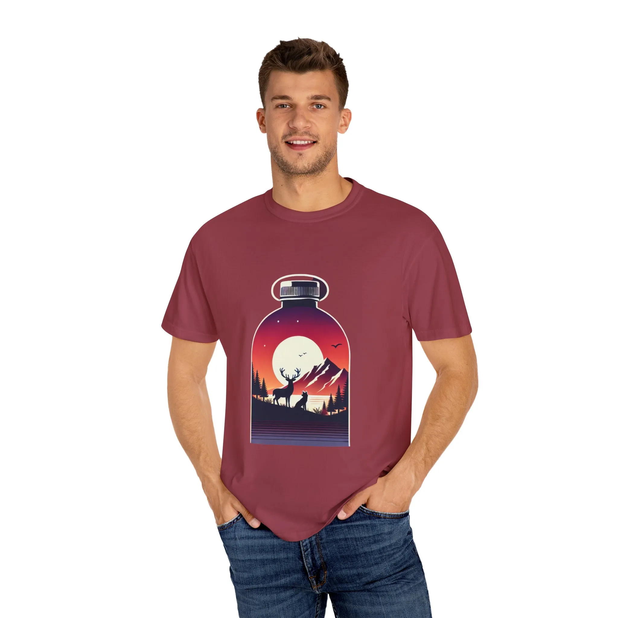 Adventure mountain t-shirt with deer and nature print, eco-friendly outdoor t-shirt, scenic wildlife graphic tee, unisex nature lover’s t-shirt.
