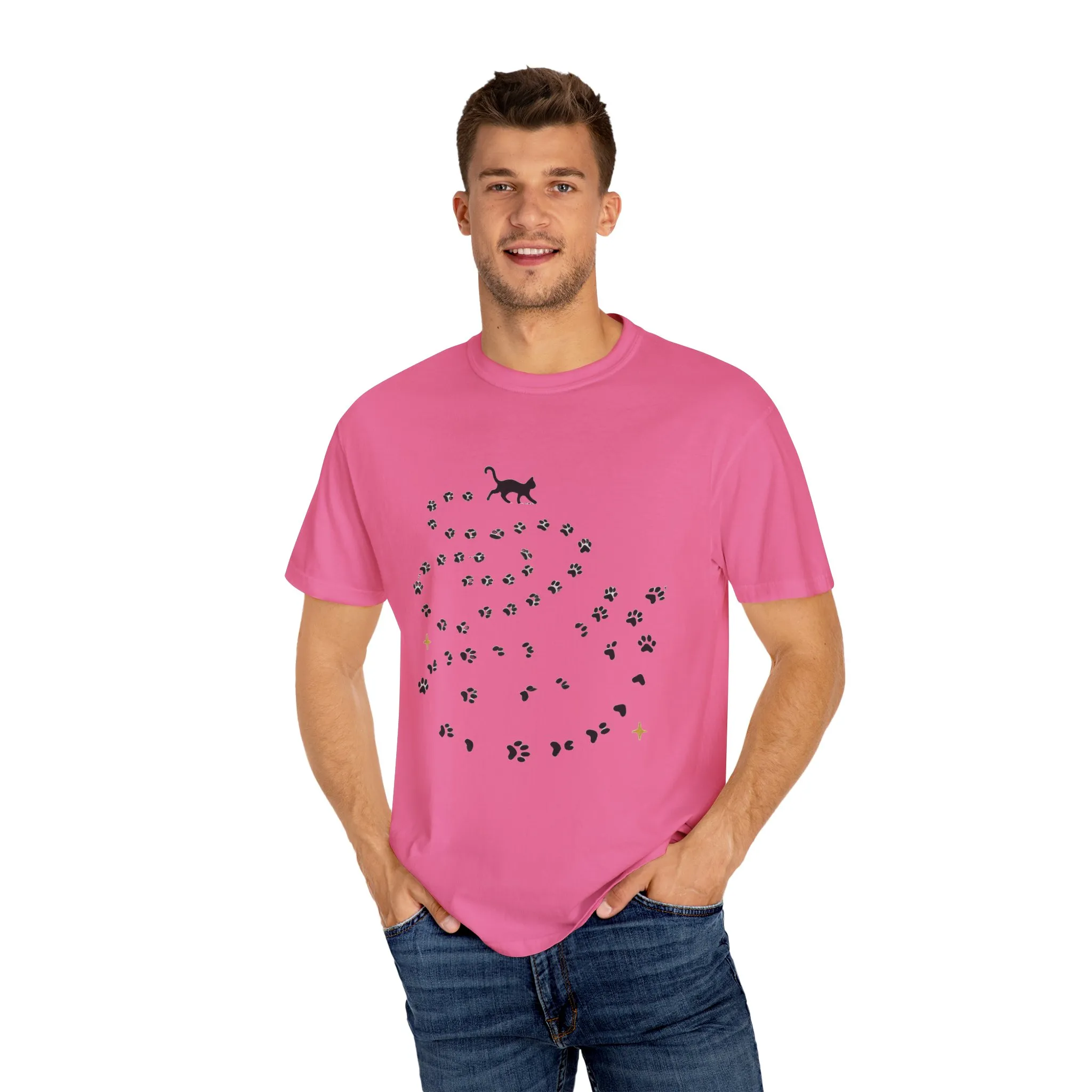 Whimsical Cat and Paw Print T-Shirt for Animal Lovers - Image 35