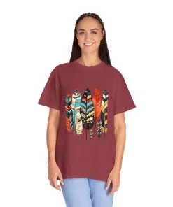 Colorful feather t-shirt with bohemian feather print, artistic tribal feather design tee, unisex boho chic feather graphic t-shirt on white fabric.