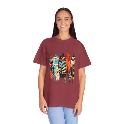 Colorful feather t-shirt with bohemian feather print, artistic tribal feather design tee, unisex boho chic feather graphic t-shirt on white fabric.