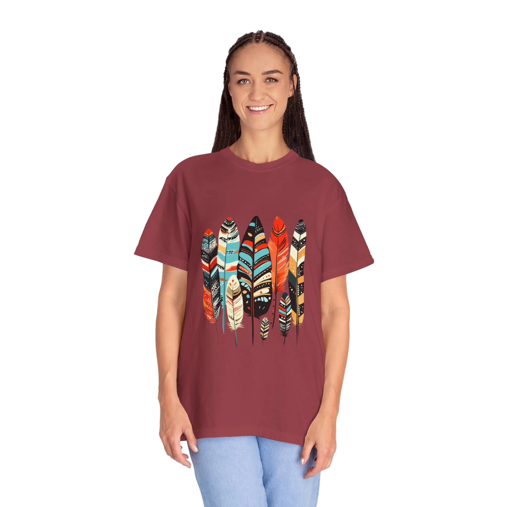 Colorful feather t-shirt with bohemian feather print, artistic tribal feather design tee, unisex boho chic feather graphic t-shirt on white fabric.