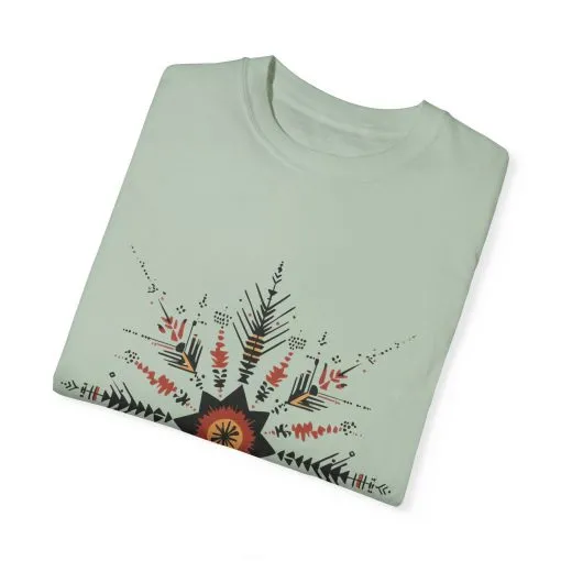 Boho chic nature t-shirt with geometric tribal design, artistic mandala print tee, unisex garment-dyed earthy tone t-shirt, bohemian festival fashion t-shirt.