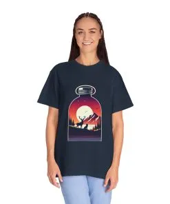 Adventure mountain t-shirt with deer and nature print, eco-friendly outdoor t-shirt, scenic wildlife graphic tee, unisex nature lover’s t-shirt.