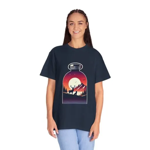 Adventure mountain t-shirt with deer and nature print, eco-friendly outdoor t-shirt, scenic wildlife graphic tee, unisex nature lover’s t-shirt.