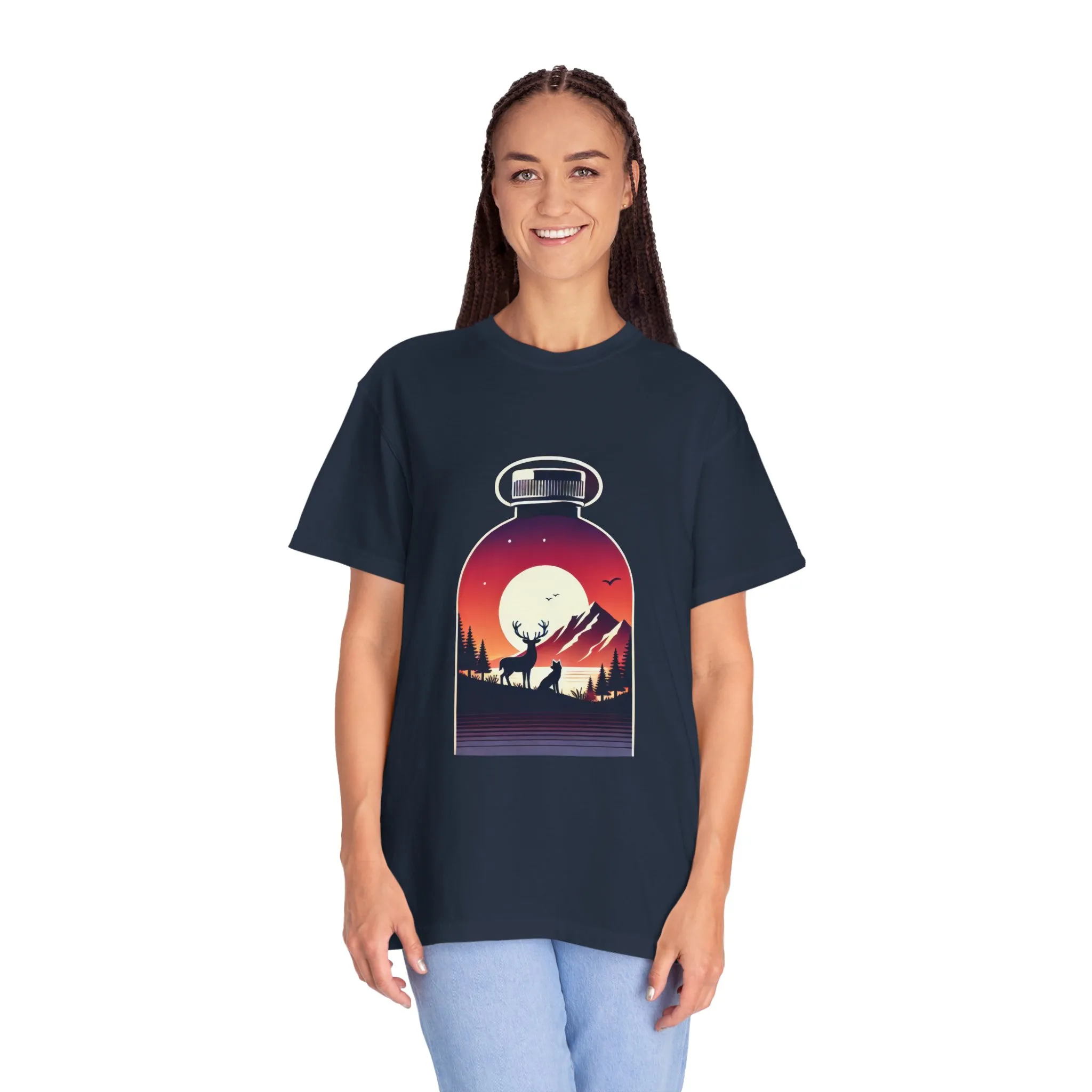 Adventure mountain t-shirt with deer and nature print, eco-friendly outdoor t-shirt, scenic wildlife graphic tee, unisex nature lover’s t-shirt.