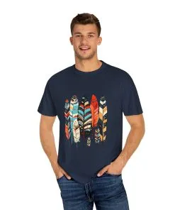 Colorful feather t-shirt with bohemian feather print, artistic tribal feather design tee, unisex boho chic feather graphic t-shirt on white fabric.
