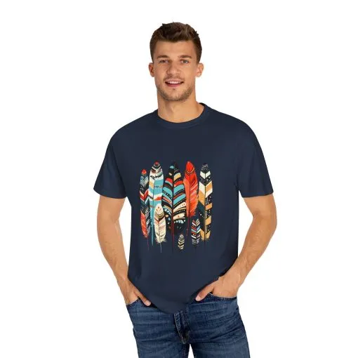 Colorful feather t-shirt with bohemian feather print, artistic tribal feather design tee, unisex boho chic feather graphic t-shirt on white fabric.