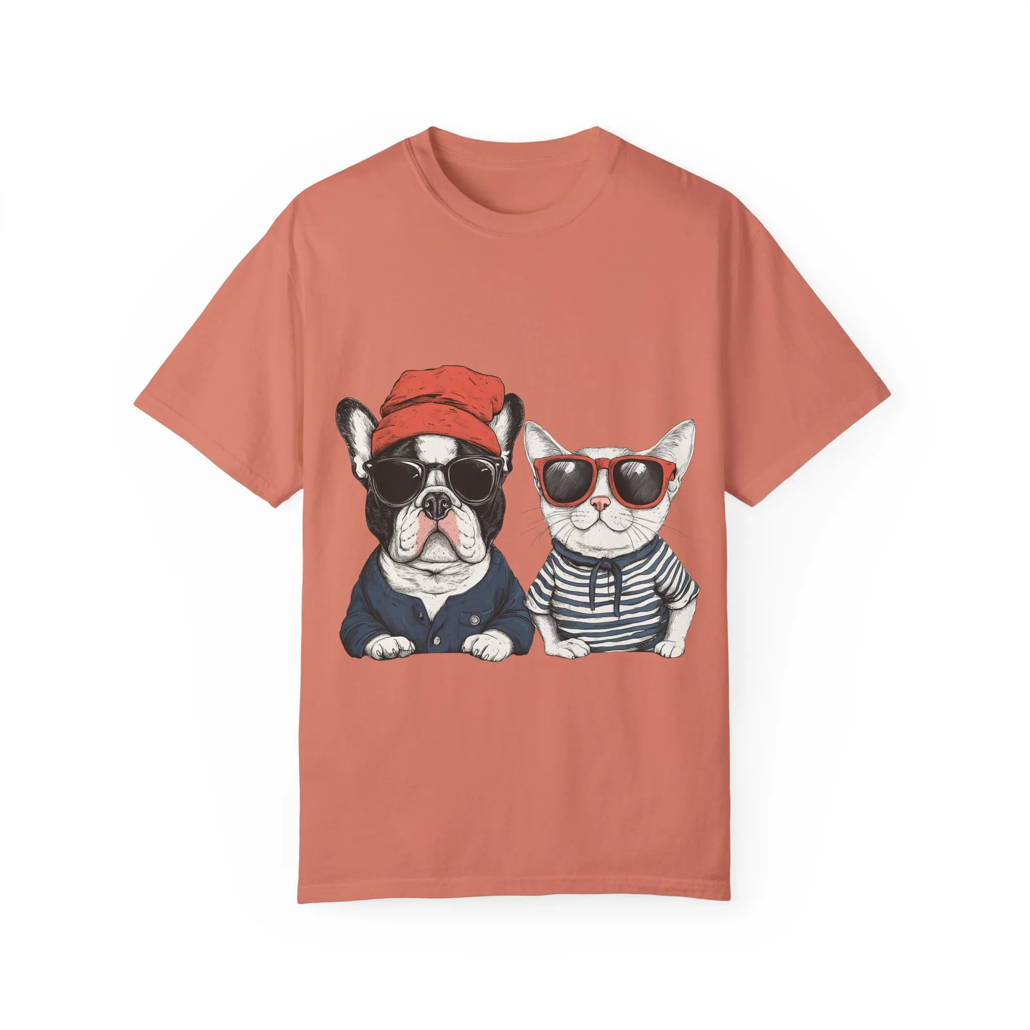 Trendy French Bulldog & Cat T-Shirt, Unisex Vintage Graphic Tee with Cool Sunglasses Design - Image 5