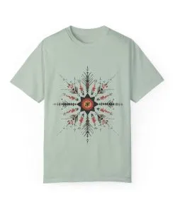 Boho chic nature t-shirt with geometric tribal design, artistic mandala print tee, unisex garment-dyed earthy tone t-shirt, bohemian festival fashion t-shirt.