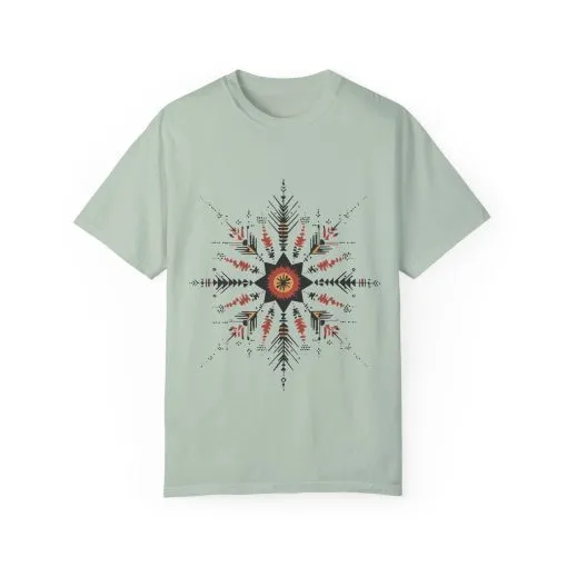 Boho chic nature t-shirt with geometric tribal design, artistic mandala print tee, unisex garment-dyed earthy tone t-shirt, bohemian festival fashion t-shirt.