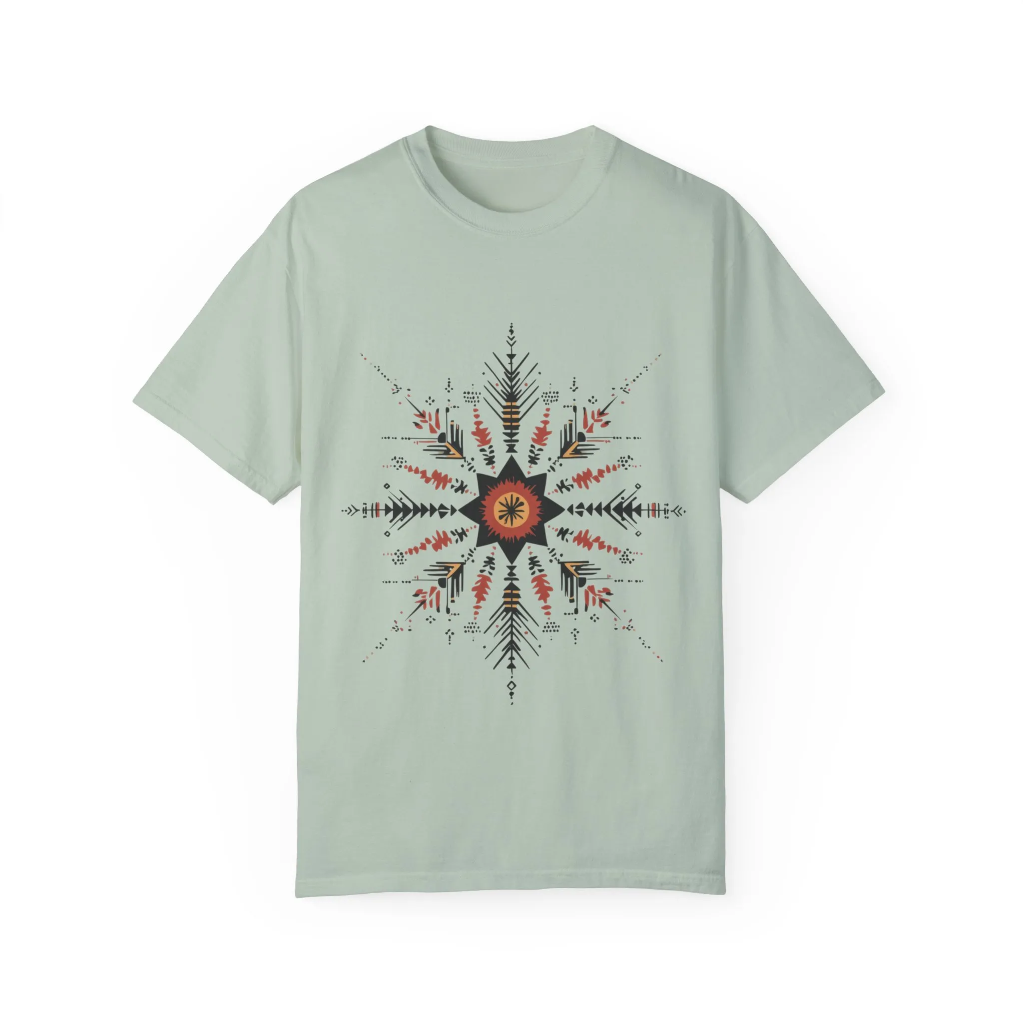 Boho chic nature t-shirt with geometric tribal design, artistic mandala print tee, unisex garment-dyed earthy tone t-shirt, bohemian festival fashion t-shirt.
