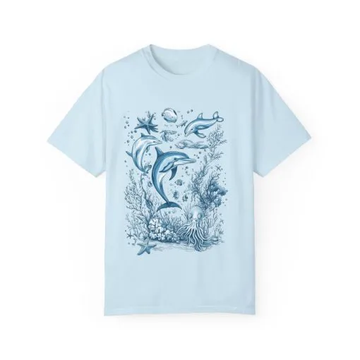 Ocean-themed t-shirt with coral reef and sea creatures