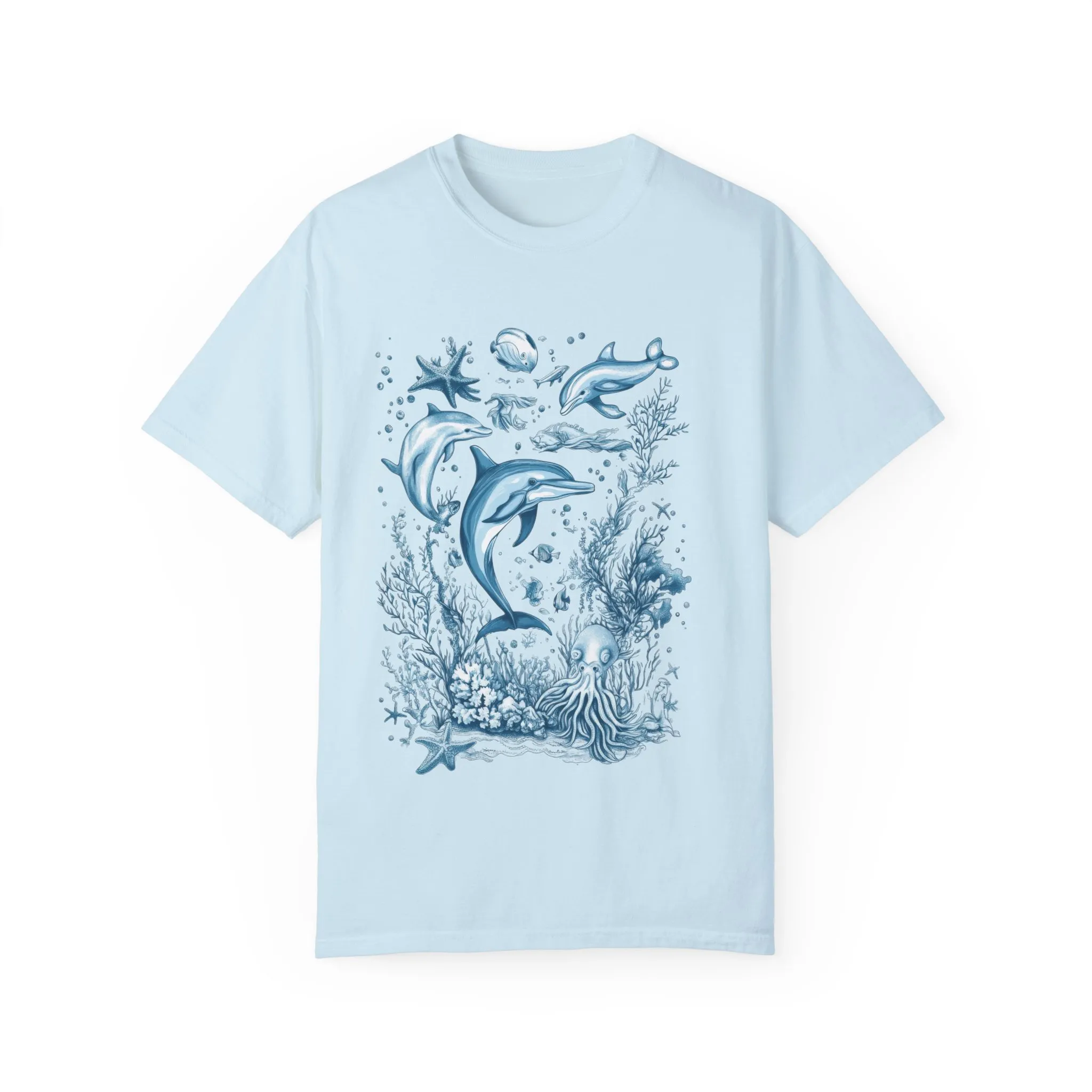 Ocean-themed t-shirt with coral reef and sea creatures