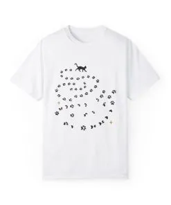 Whimsical Cat and Paw Print T-Shirt for Animal Lovers