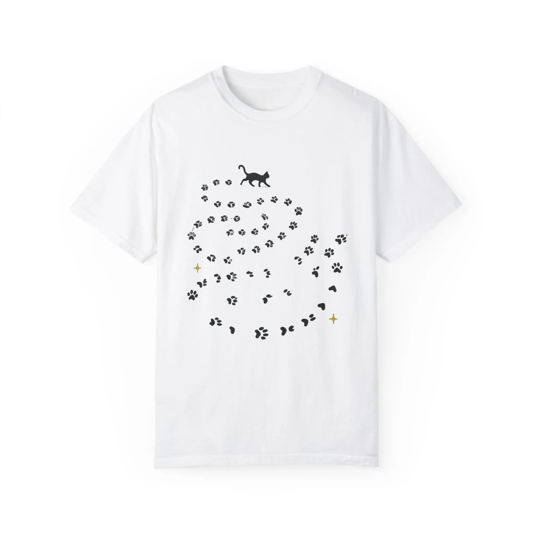 Whimsical Cat and Paw Print T-Shirt for Animal Lovers