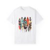 Colorful feather t-shirt with bohemian feather print, artistic tribal feather design tee, unisex boho chic feather graphic t-shirt on white fabric.