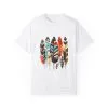 Colorful feather t-shirt with bohemian feather print, artistic tribal feather design tee, unisex boho chic feather graphic t-shirt on white fabric.