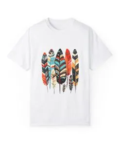 Colorful feather t-shirt with bohemian feather print, artistic tribal feather design tee, unisex boho chic feather graphic t-shirt on white fabric.