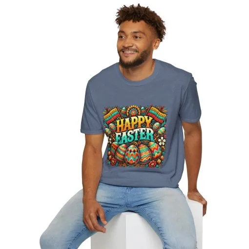 Happy Easter Unisex Softstyle T-Shirt - Colorful Easter Egg Design - Image 50