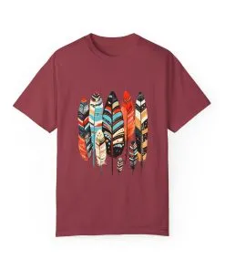Colorful feather t-shirt with bohemian feather print, artistic tribal feather design tee, unisex boho chic feather graphic t-shirt on white fabric.