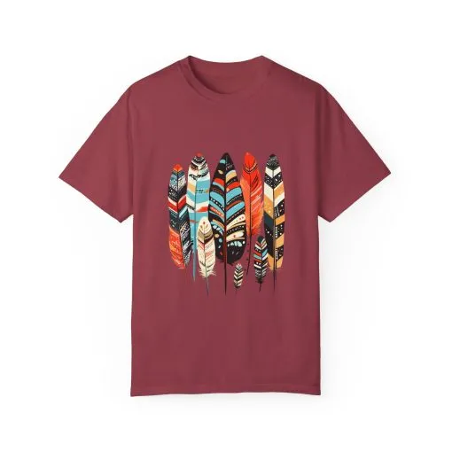 Colorful feather t-shirt with bohemian feather print, artistic tribal feather design tee, unisex boho chic feather graphic t-shirt on white fabric.