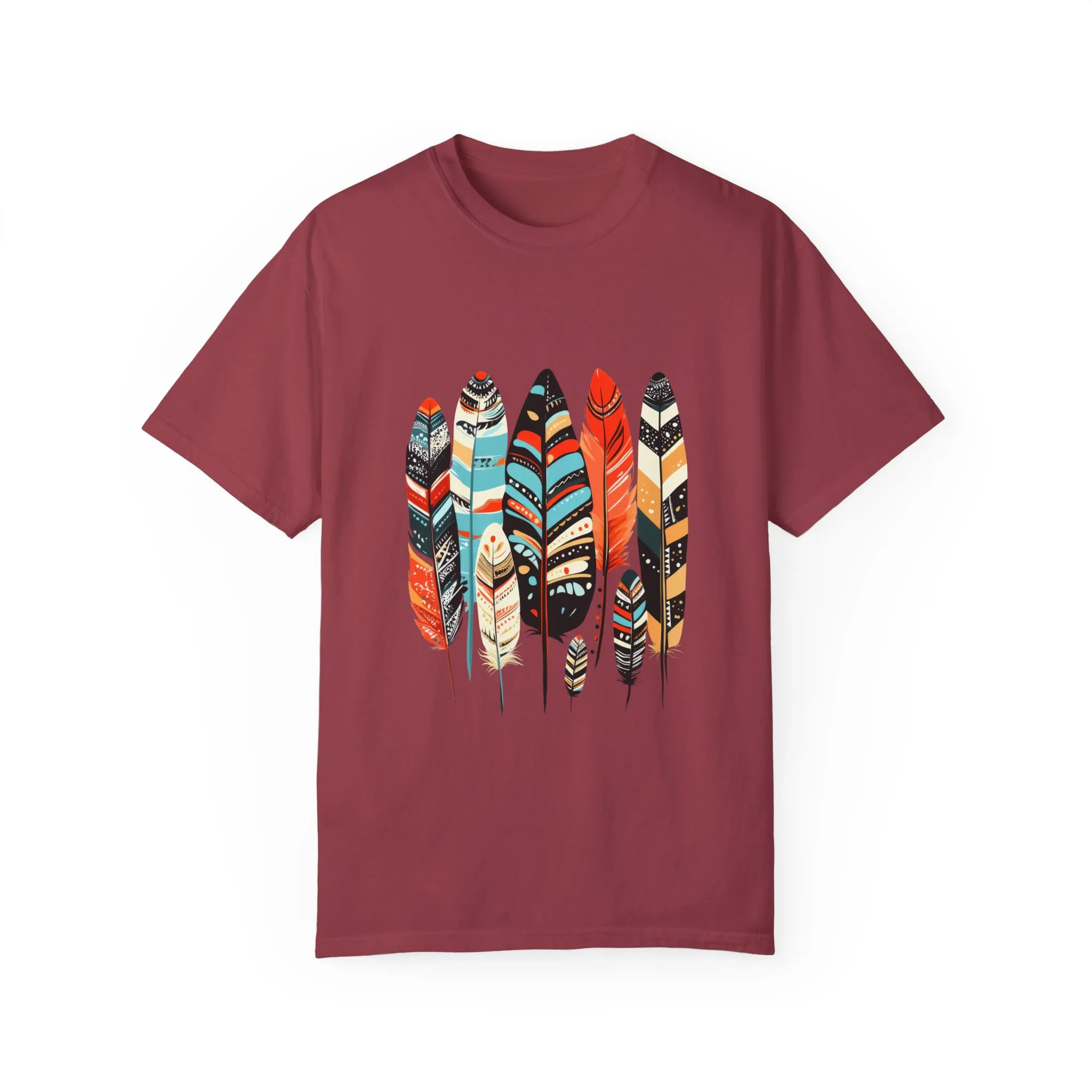 Colorful feather t-shirt with bohemian feather print, artistic tribal feather design tee, unisex boho chic feather graphic t-shirt on white fabric.