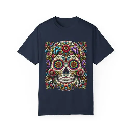 Colorful Floral Skull T-Shirt | Day of the Dead Style | Unisex Garment-Dyed Tee - Image 21