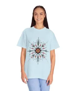 Boho chic nature t-shirt with geometric tribal design, artistic mandala print tee, unisex garment-dyed earthy tone t-shirt, bohemian festival fashion t-shirt.