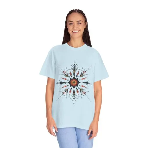 Boho chic nature t-shirt with geometric tribal design, artistic mandala print tee, unisex garment-dyed earthy tone t-shirt, bohemian festival fashion t-shirt.