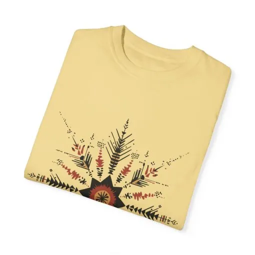 Boho chic nature t-shirt with geometric tribal design, artistic mandala print tee, unisex garment-dyed earthy tone t-shirt, bohemian festival fashion t-shirt.