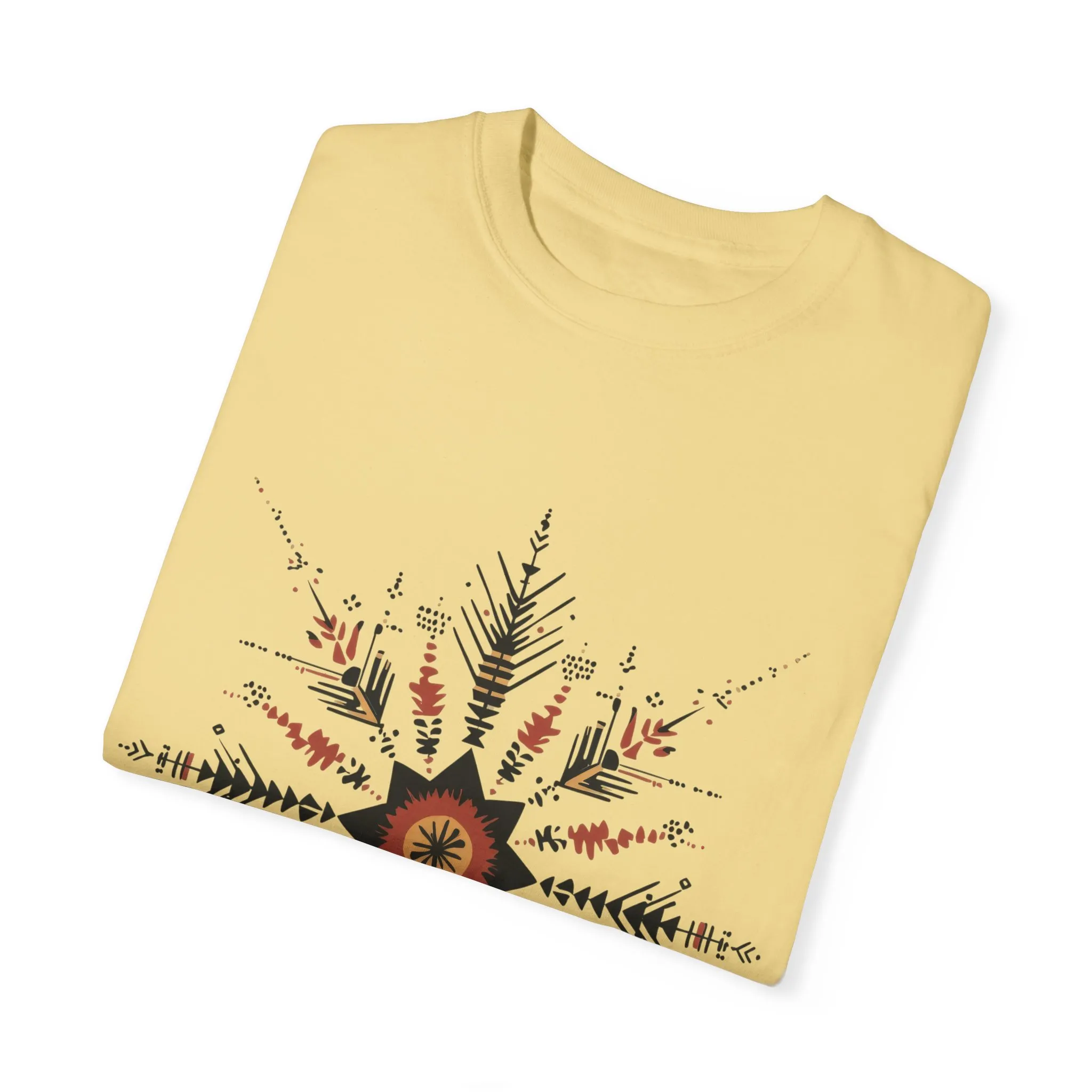 Boho chic nature t-shirt with geometric tribal design, artistic mandala print tee, unisex garment-dyed earthy tone t-shirt, bohemian festival fashion t-shirt.