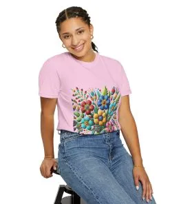 Colorful floral t-shirt with artistic flower print, vibrant unisex garment-dyed tee, bohemian botanical design t-shirt, handmade style floral print tee on light blue fabric.