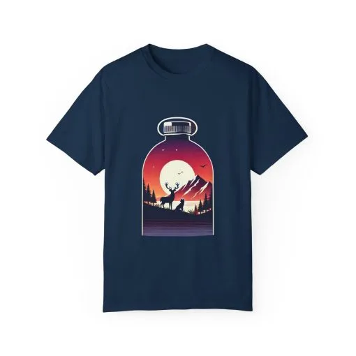 Adventure mountain t-shirt with deer and nature print, eco-friendly outdoor t-shirt, scenic wildlife graphic tee, unisex nature lover’s t-shirt.