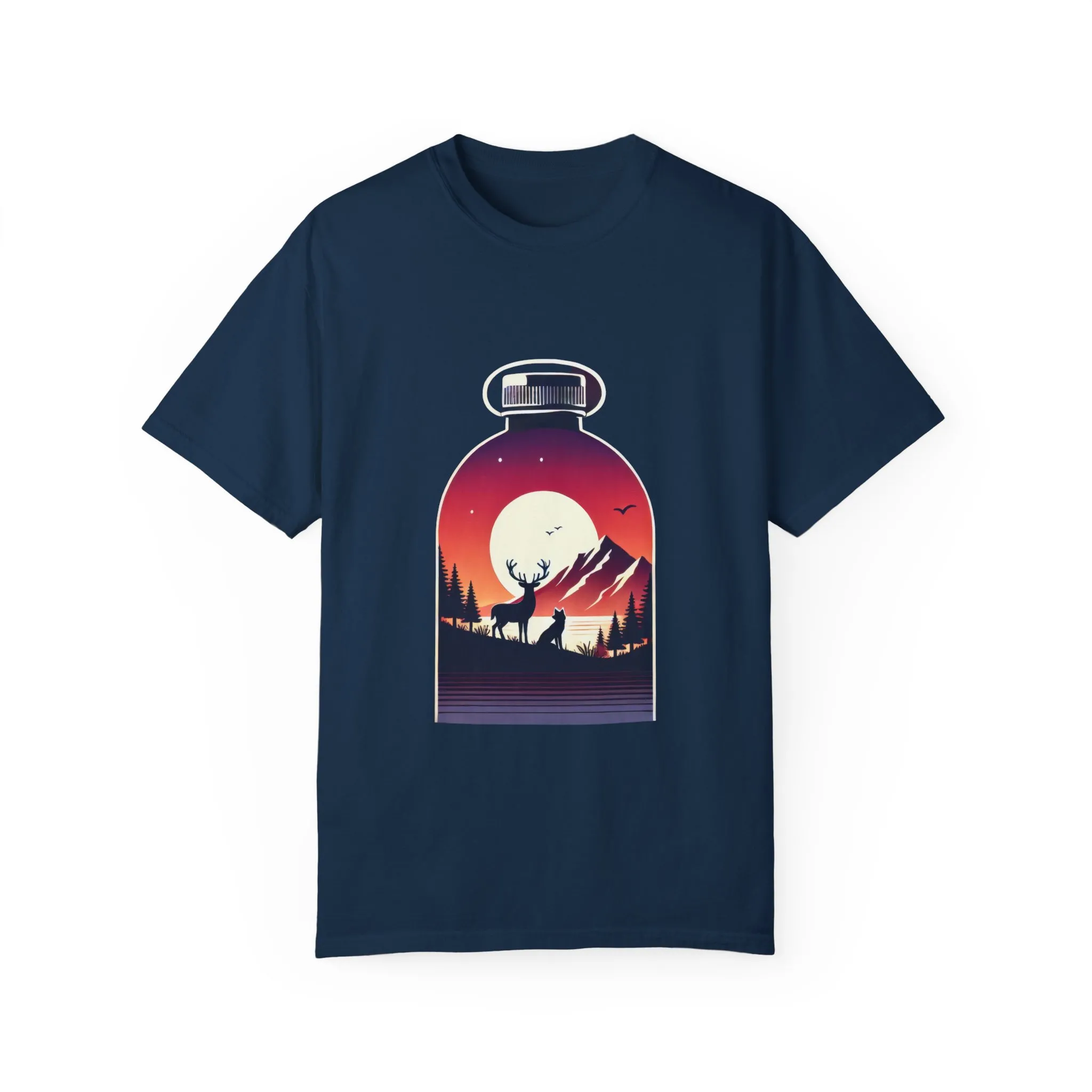 Adventure mountain t-shirt with deer and nature print, eco-friendly outdoor t-shirt, scenic wildlife graphic tee, unisex nature lover’s t-shirt.