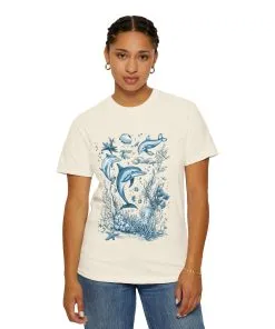 Artistic hand-drawn sea creatures t-shirt with ocean theme
