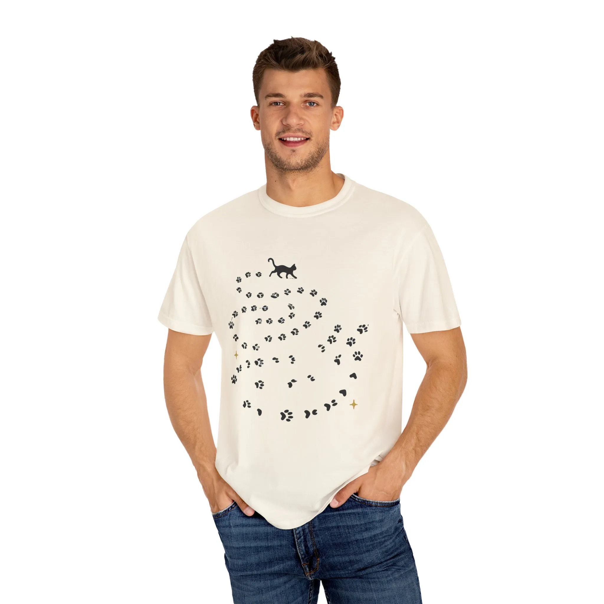 Whimsical Cat and Paw Print T-Shirt for Animal Lovers - Image 7