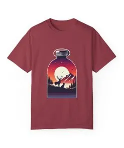 Adventure mountain t-shirt with deer and nature print, eco-friendly outdoor t-shirt, scenic wildlife graphic tee, unisex nature lover’s t-shirt.