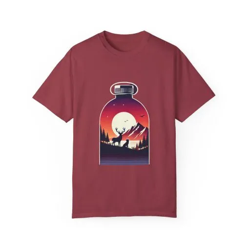 Adventure mountain t-shirt with deer and nature print, eco-friendly outdoor t-shirt, scenic wildlife graphic tee, unisex nature lover’s t-shirt.