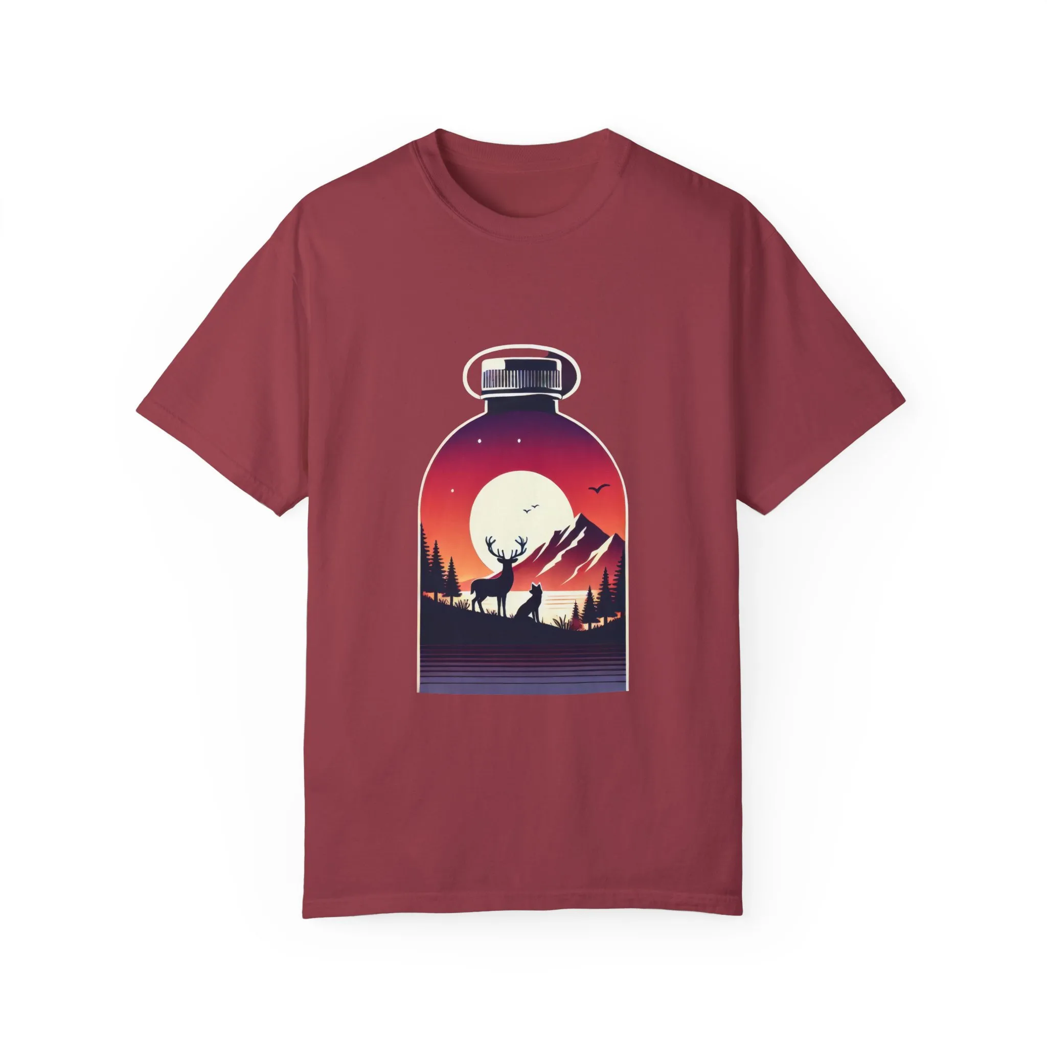 Adventure mountain t-shirt with deer and nature print, eco-friendly outdoor t-shirt, scenic wildlife graphic tee, unisex nature lover’s t-shirt.