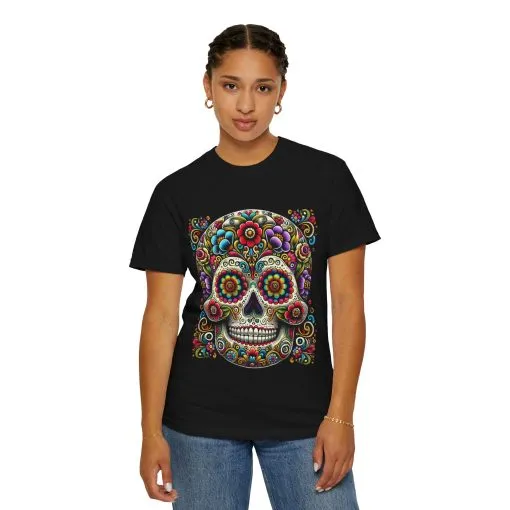 Colorful Floral Skull T-Shirt | Day of the Dead Style | Unisex Garment-Dyed Tee - Image 4