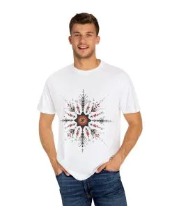 Boho chic nature t-shirt with geometric tribal design, artistic mandala print tee, unisex garment-dyed earthy tone t-shirt, bohemian festival fashion t-shirt.