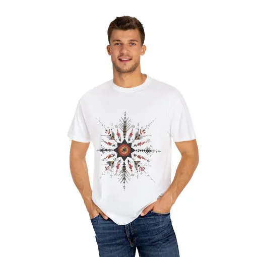 Boho chic nature t-shirt with geometric tribal design, artistic mandala print tee, unisex garment-dyed earthy tone t-shirt, bohemian festival fashion t-shirt.