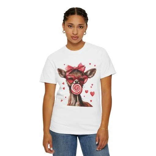 Cute Valentine’s Day Deer T-Shirt - Garment-Dyed Unisex Tee with Heart Design