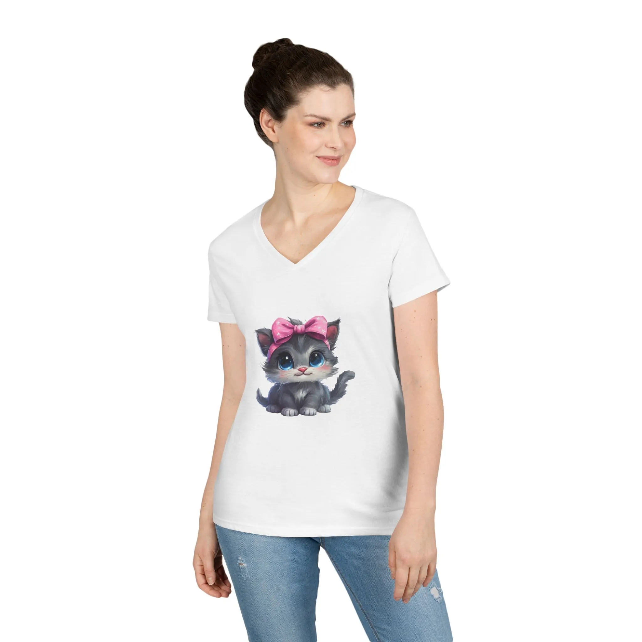 Cute Cat V-Neck T-Shirt for Animal Lovers - Image 4